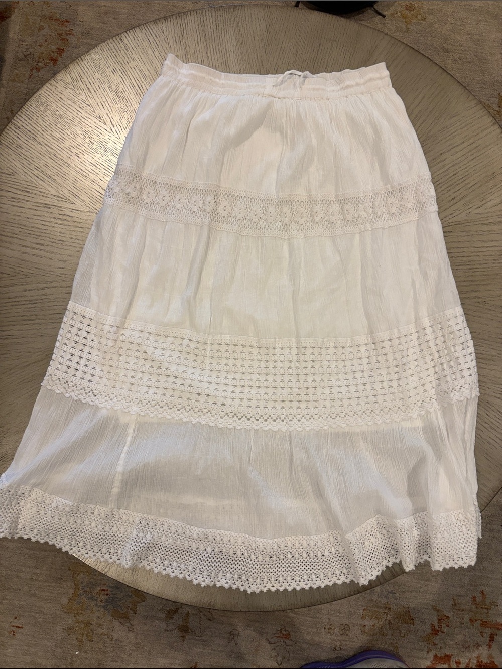 Bobbie Brooks White Tiered Maxi Skirt with crocheted lace section’s